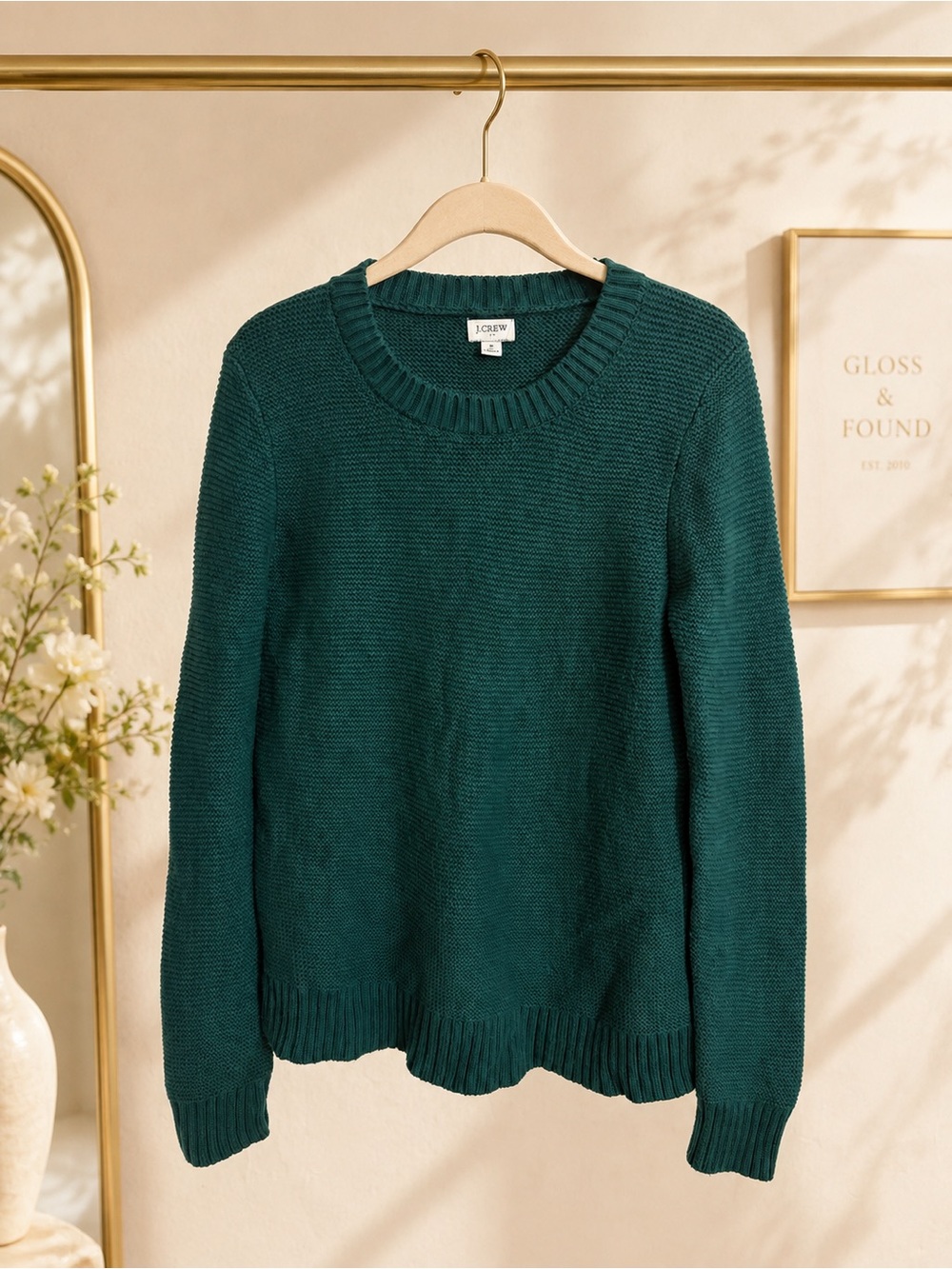 J.Crew Dark Green Textured Garter Stitch Crewneck Sweater Size S